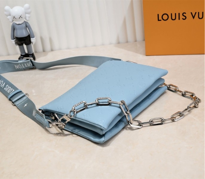 Louis Vuitton Coussin PM Bag In Turquoise Blue With Jacquard Strap angle 4