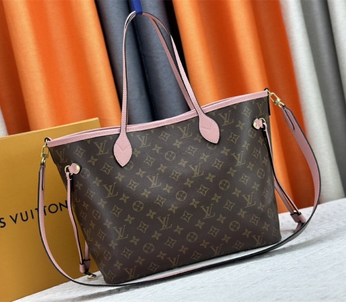 Louis Vuitton Neverfull Bandouliere Inside Out MM Tote In Monogram Canvas And Peony Pink Textile And Leather angle 4