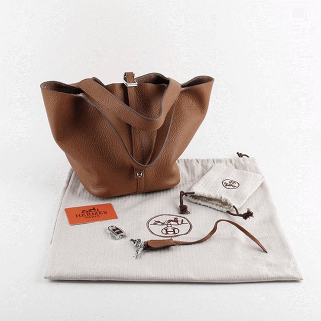 Brown faux luxury Hermes Picotin Lock handbag angle 3