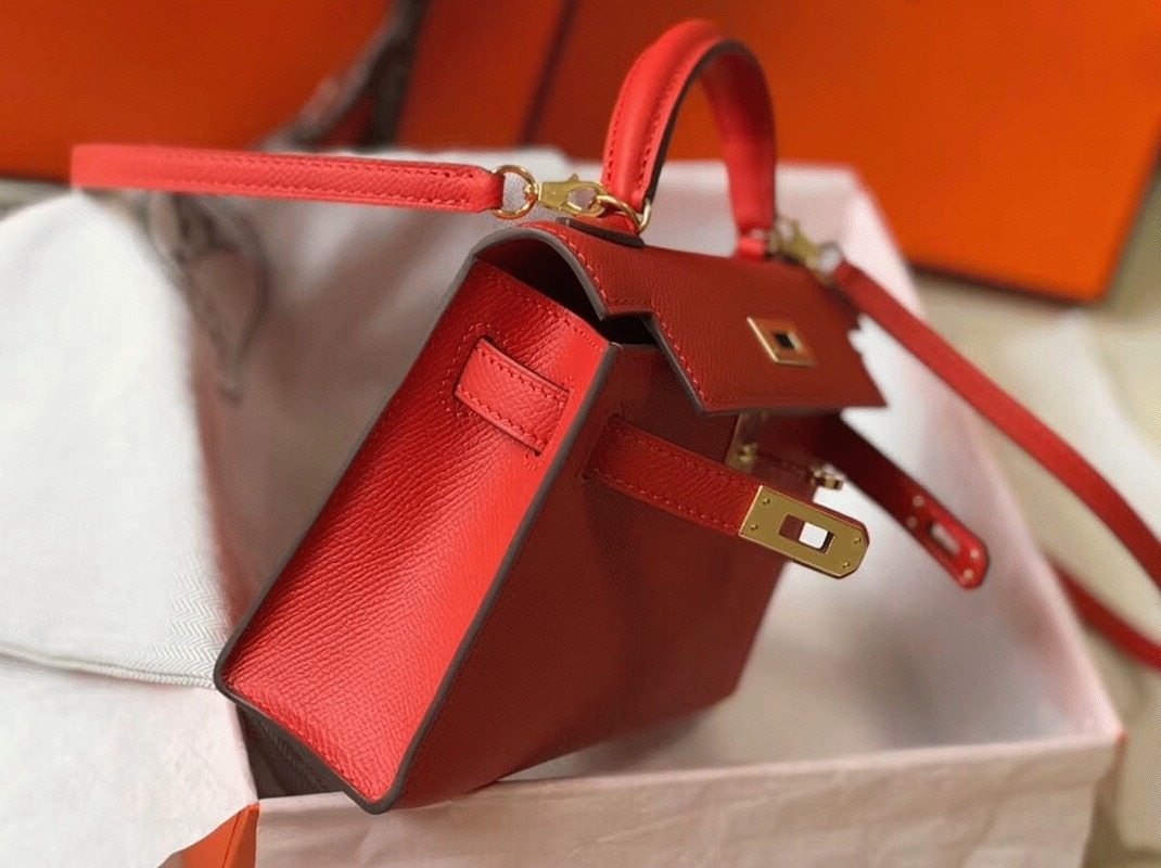 Hermes Kelly Mini II Bag Replica in Rouge Casaque angle 2