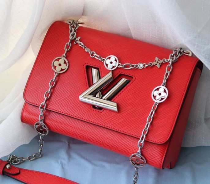 Louis Vuitton Epi Leather Twist MM With Flowers Jewels Chain Bag In Red angle 2