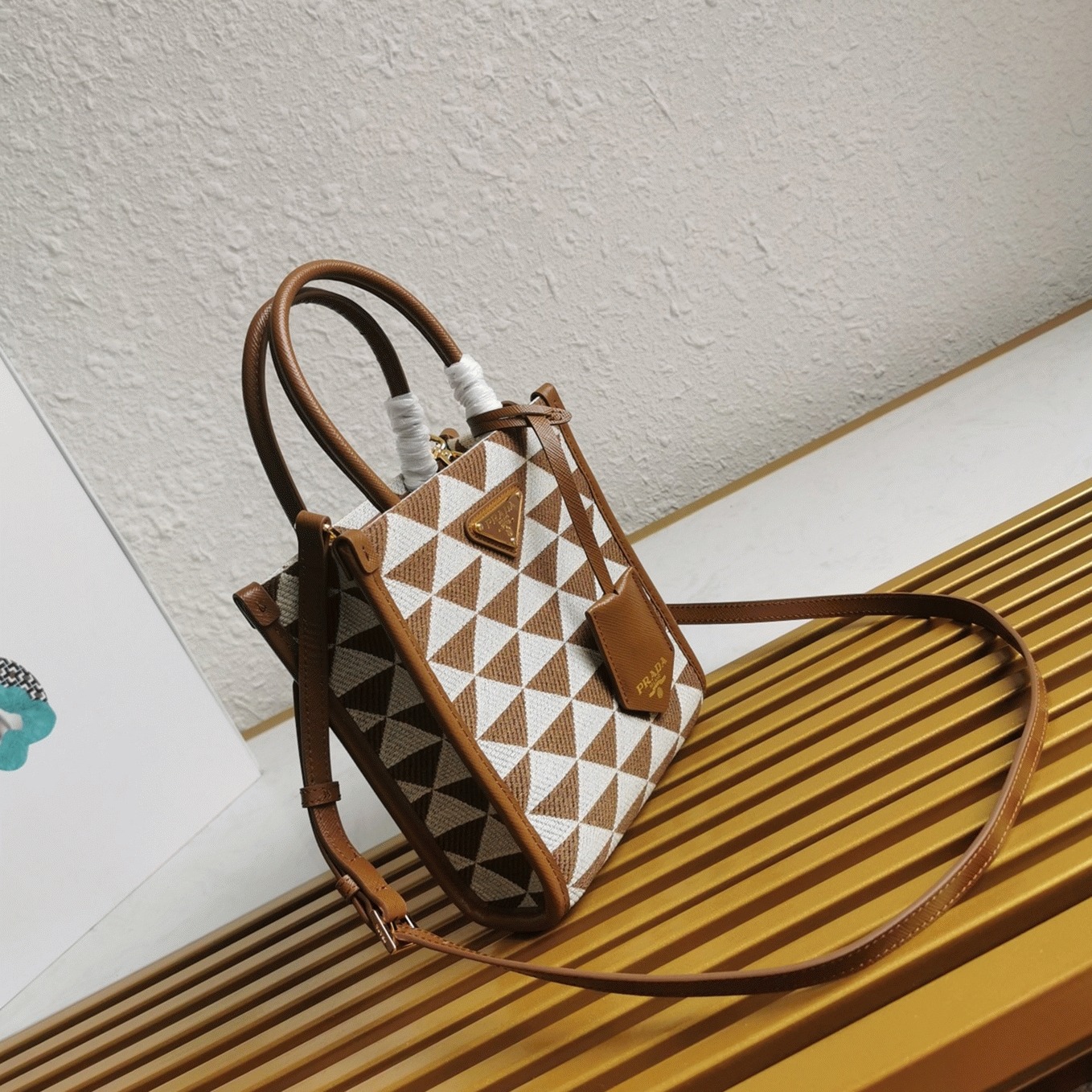 Prada Symbole Micro Bag Replica in White/Brown Jacquard Fabric angle 5