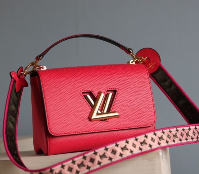 Louis Vuitton Epi Leather Twist MM Handbag In Red With Embroidered Strap angle 2