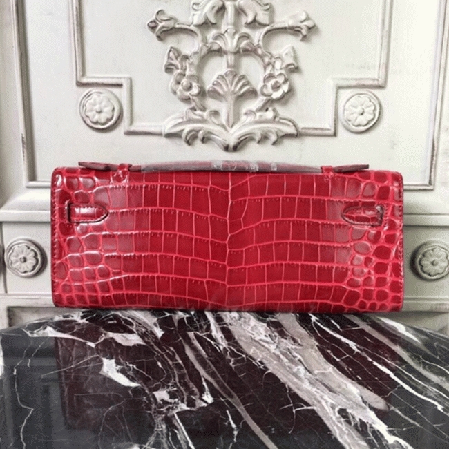 Red Crocodile Copy Hermes Kelly Cut Clutch Exotic Luxury Bag angle 5