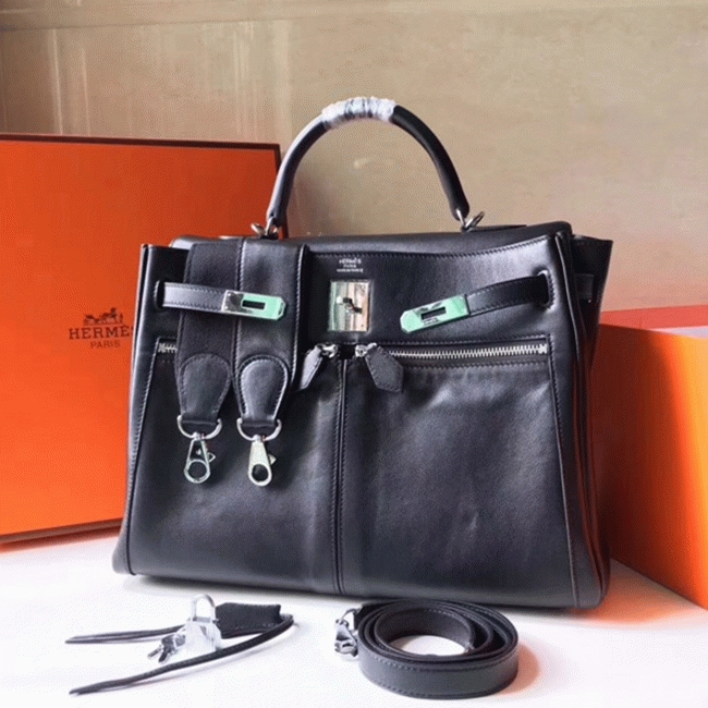 Black Fake Hermes Kelly Lakis 35cm Functional Designer Bag angle 3