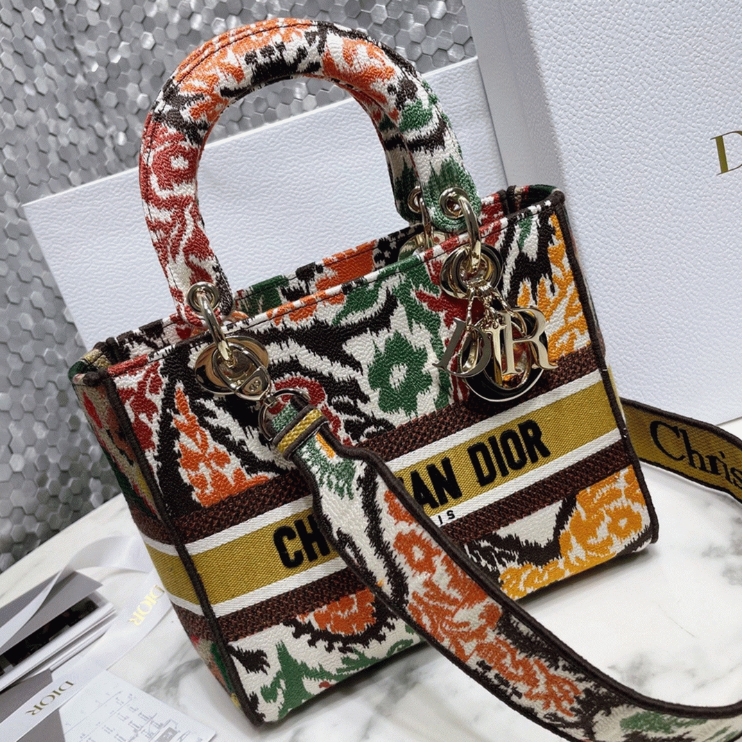 Dior Lady D-Lite Medium Bag Faux in Yellow Dior Paisley Embroidery angle 3