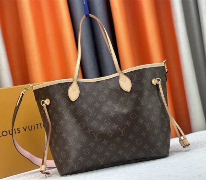 Louis Vuitton Neverfull Bandouliere Inside Out MM Tote In Monogram Canvas And Peony Pink Textile angle 3