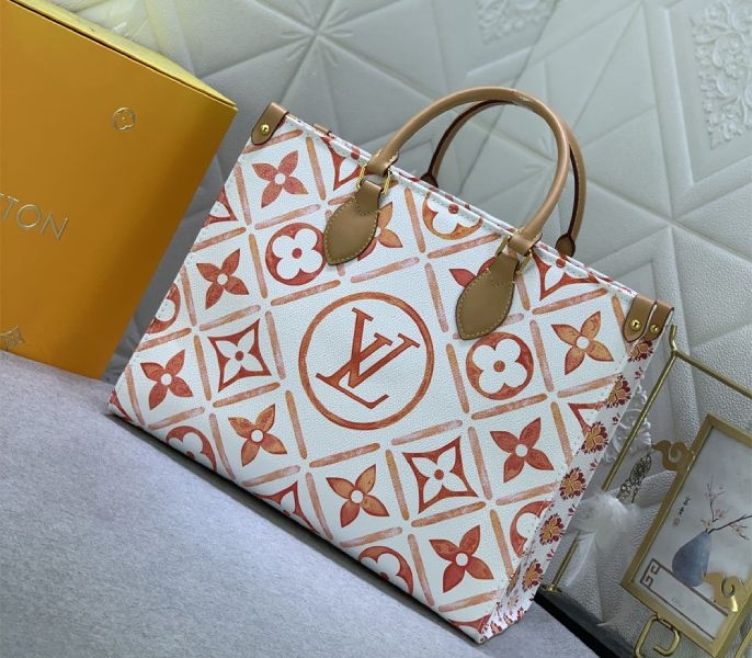 Louis Vuitton LV By The Pool Monogram Tiles Canvas Onthego MM Tote In Coral angle 2