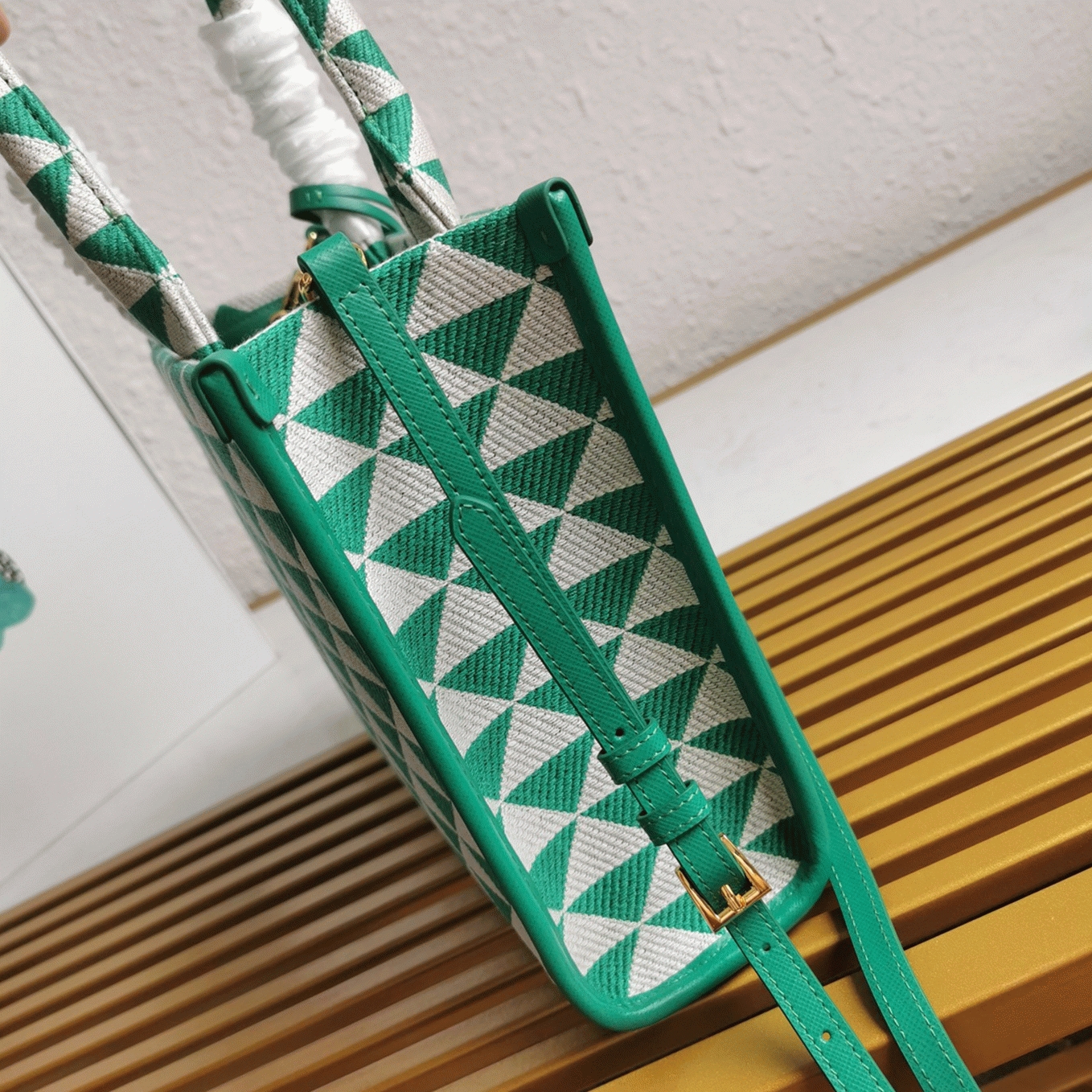 Prada Symbole Small Bag Replica in Green/White Jacquard Fabric angle 2