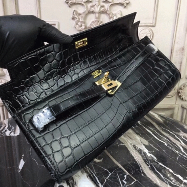 Black Crocodile Replica Hermes Kelly Cut Clutch Exotic Skin Bag angle 3