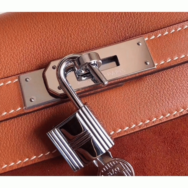 Brown Suede Fake Hermes Kelly 32cm Bag with Zigzag Handle angle 5