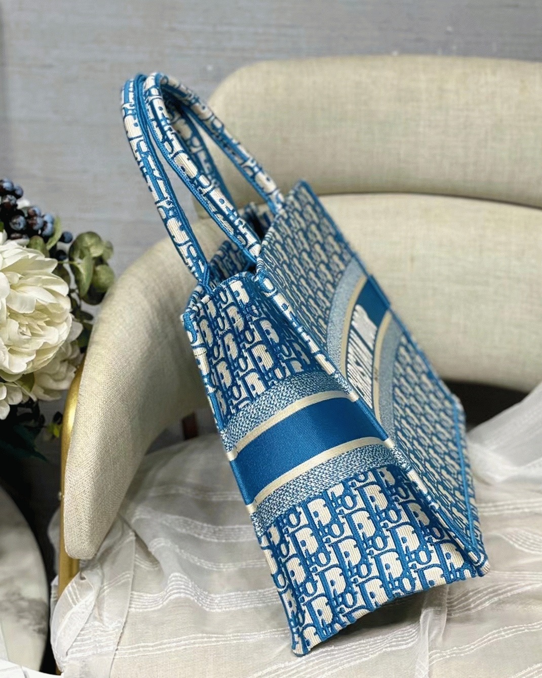 Dior Medium Book Tote Bag Knockoff in Blue Oblique Embroidery angle 3