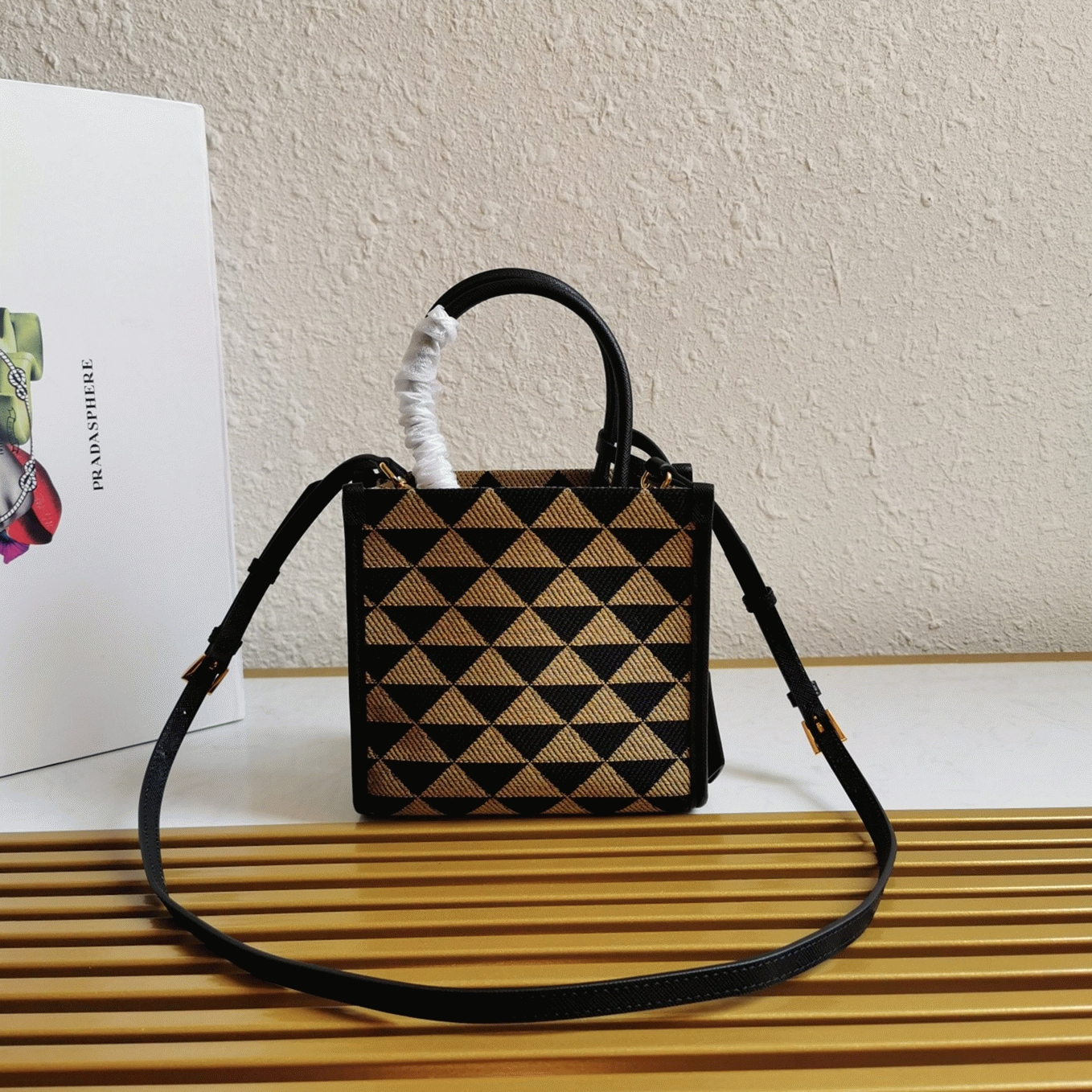 Prada Symbole Micro Bag Fake in Black/Beige Jacquard Fabric angle 5