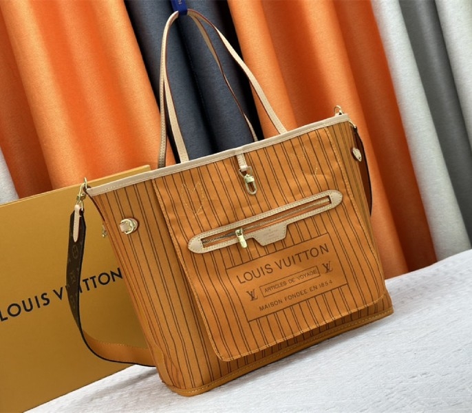 Louis Vuitton Neverfull Bandouliere Inside Out MM Tote In Monogram Canvas And Jaune Safran Textile angle 2