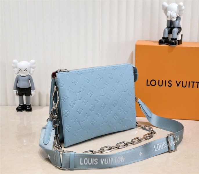 Louis Vuitton Coussin PM Bag In Turquoise Blue With Jacquard Strap angle 3