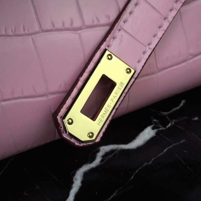 Pink Crocodile Replica Hermes Kelly Cut Clutch Feminine Tote angle 3