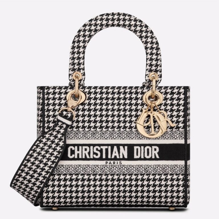 Dior Lady D-Lite Medium Bag Replica in Black White Houndstooth Embroidery