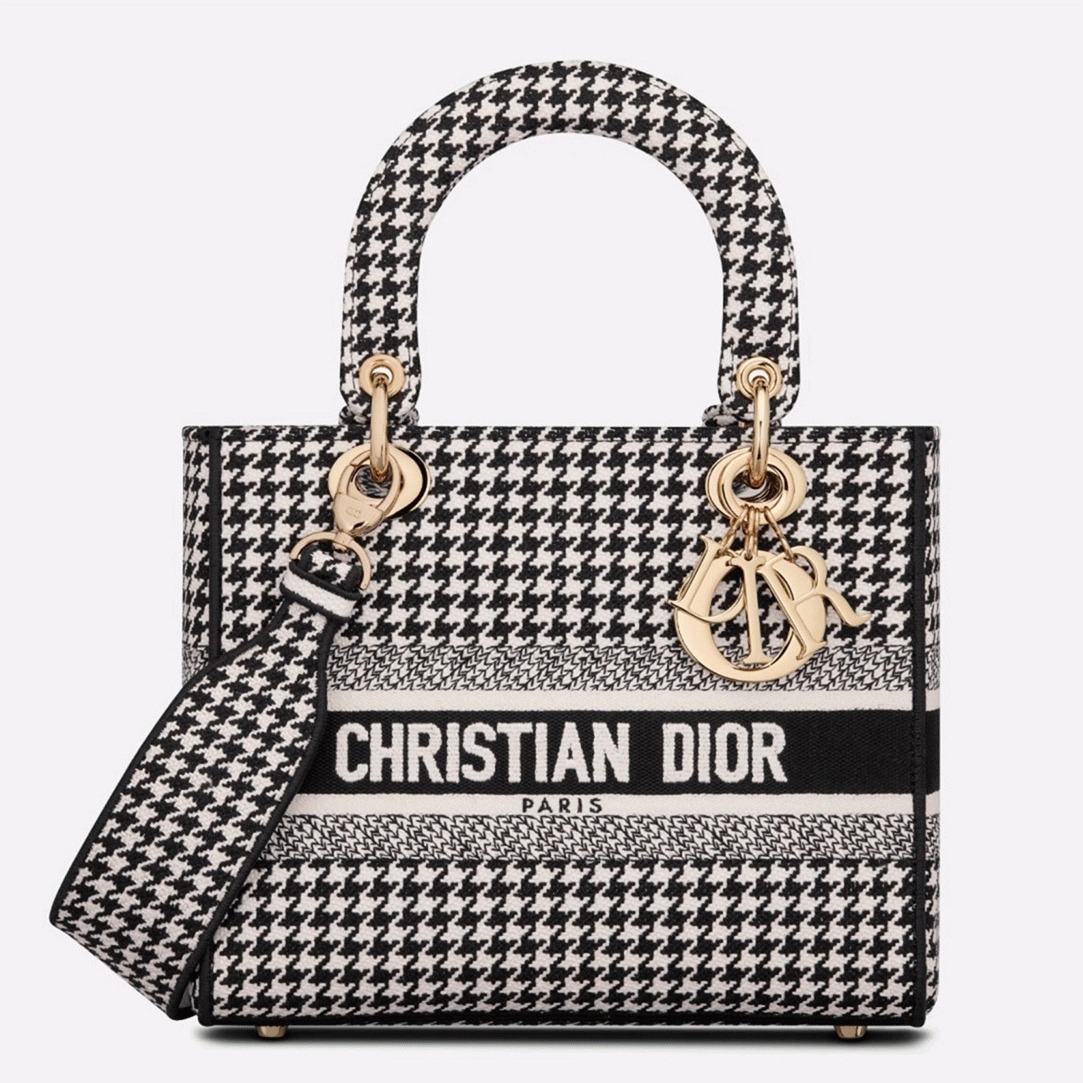Dior Lady D-Lite Medium Bag Replica in Black White Houndstooth Embroidery