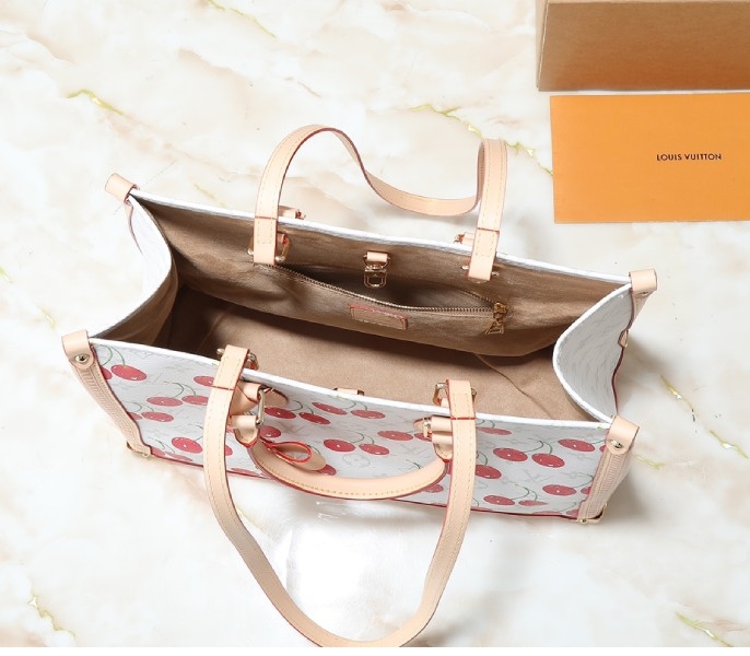LV X TM Monogram Cherry Canvas Onthego MM In White Style 2 angle 5