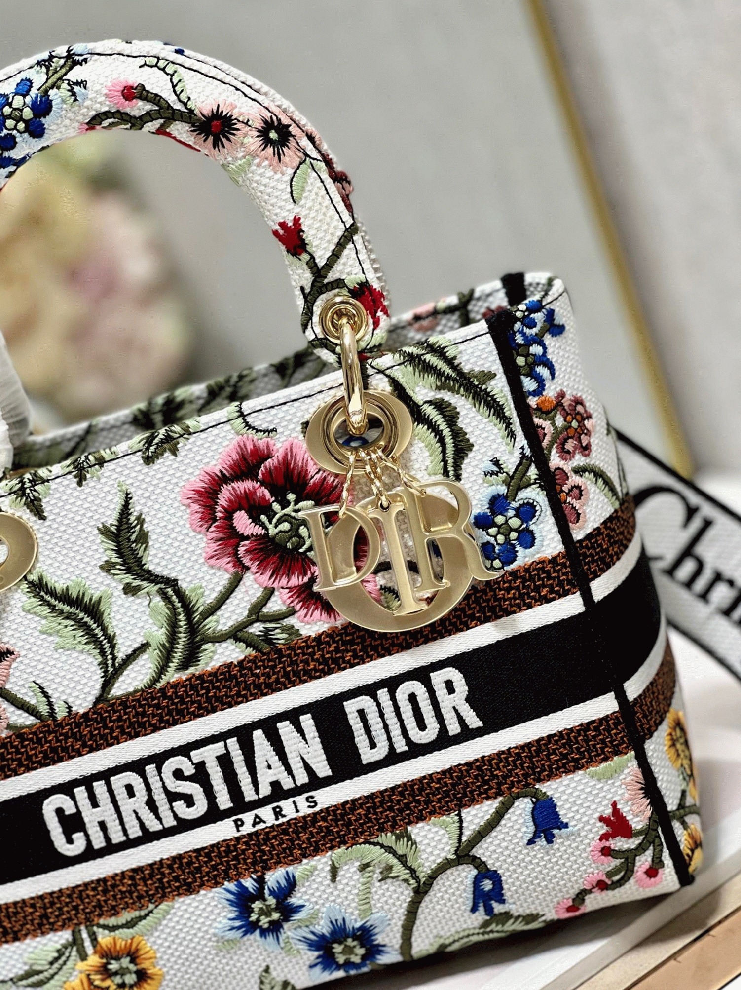 Dior Lady D-Lite Medium Bag Fake in White Dior Petites Fleurs Embroidery angle 2