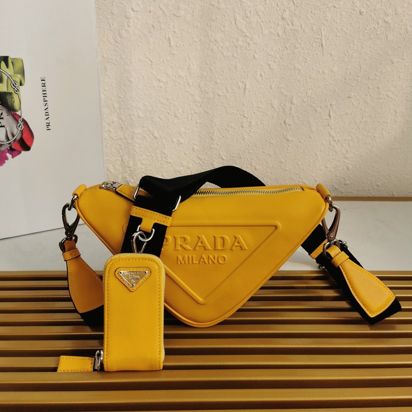 Prada Triangle Shoulder Bag Replica in Yellow angle 3