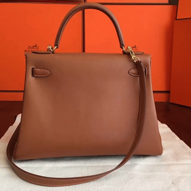 Brown Swift Fake Hermes Kelly Retourne 32cm Soft Leather Handbag angle 4