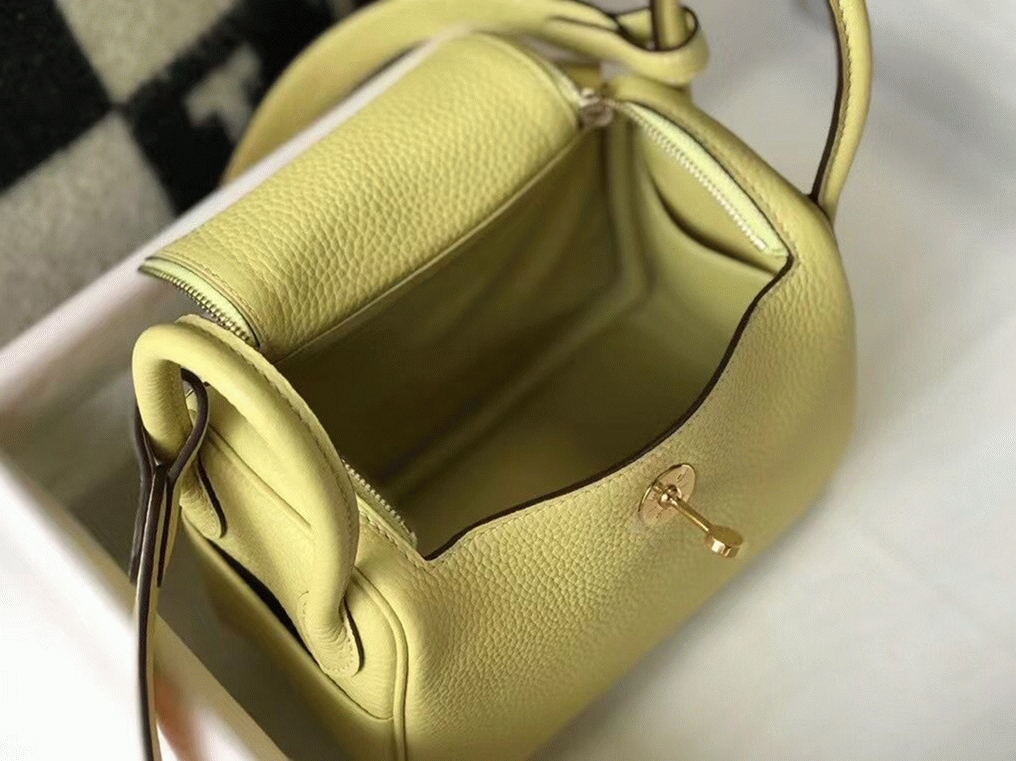 Replica Hermes Lindy Mini handbag in jaune poussin clemence leather angle 4