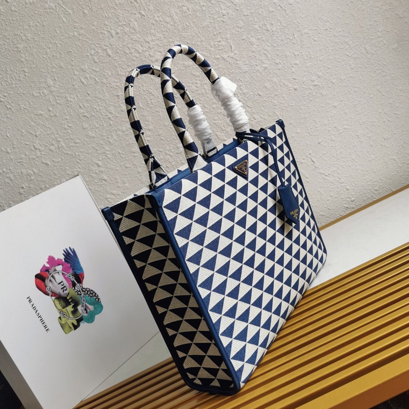 Prada Symbole Large Bag Fake in White/Blue Jacquard Fabric angle 2