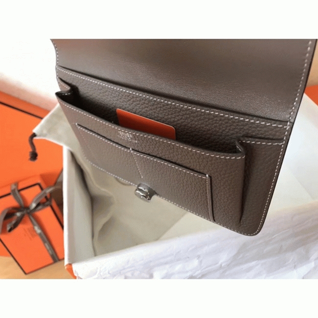 Black taupe knockoff Hermes Dogon duo wallet angle 2