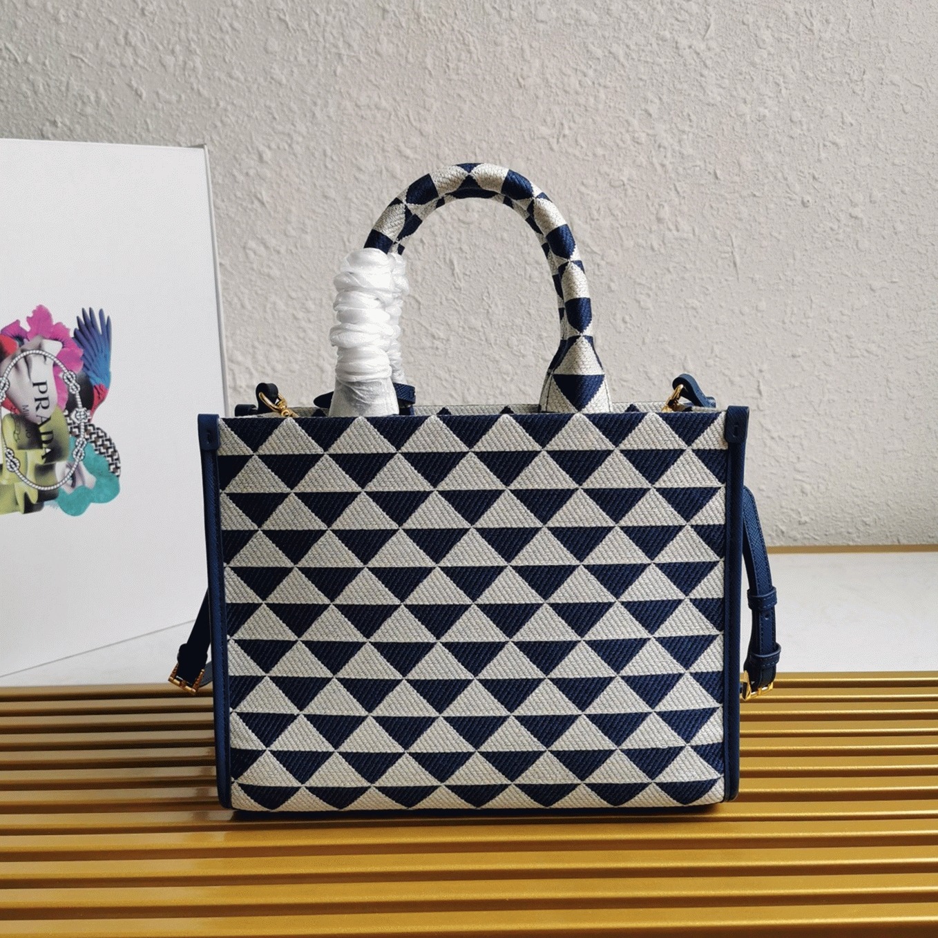 Prada Symbole Small Bag Knockoff in White/Blue Jacquard Fabric angle 5