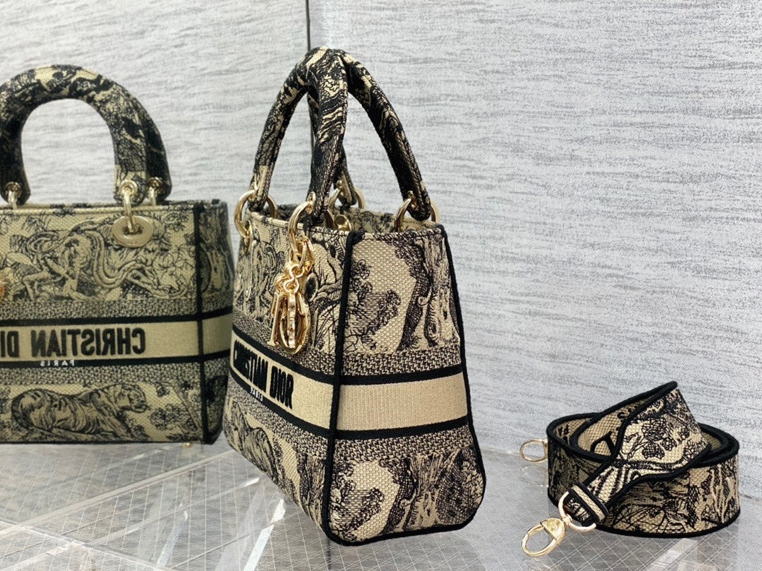 Dior Lady D-Lite Medium Bag Faux in Brown Toile de Jouy Embroidery angle 2
