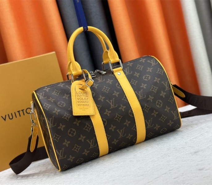 Louis Vuitton Monogram Macassar Canvas Keepall Bandouliere 35 In Safran Yellow angle 2