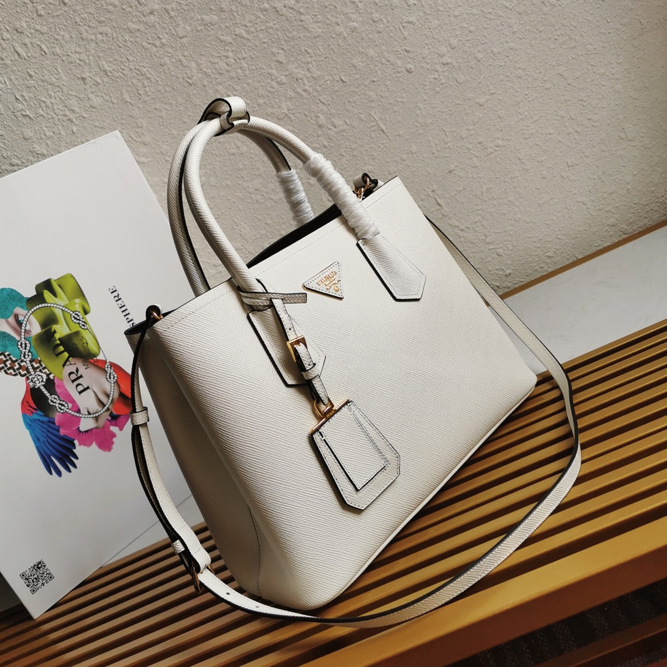 White Prada Double Medium Tote Bag Knockoff angle 4