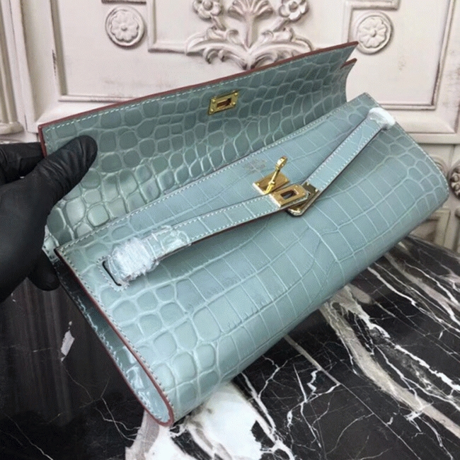 Blue Lin Crocodile Copy Hermes Kelly Cut Clutch Elegant Purse angle 5