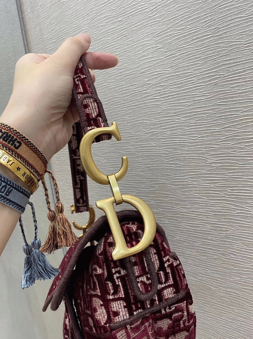 Dior Saddle Bag Faux in Bordeaux Velvet Oblique Embroidered angle 5