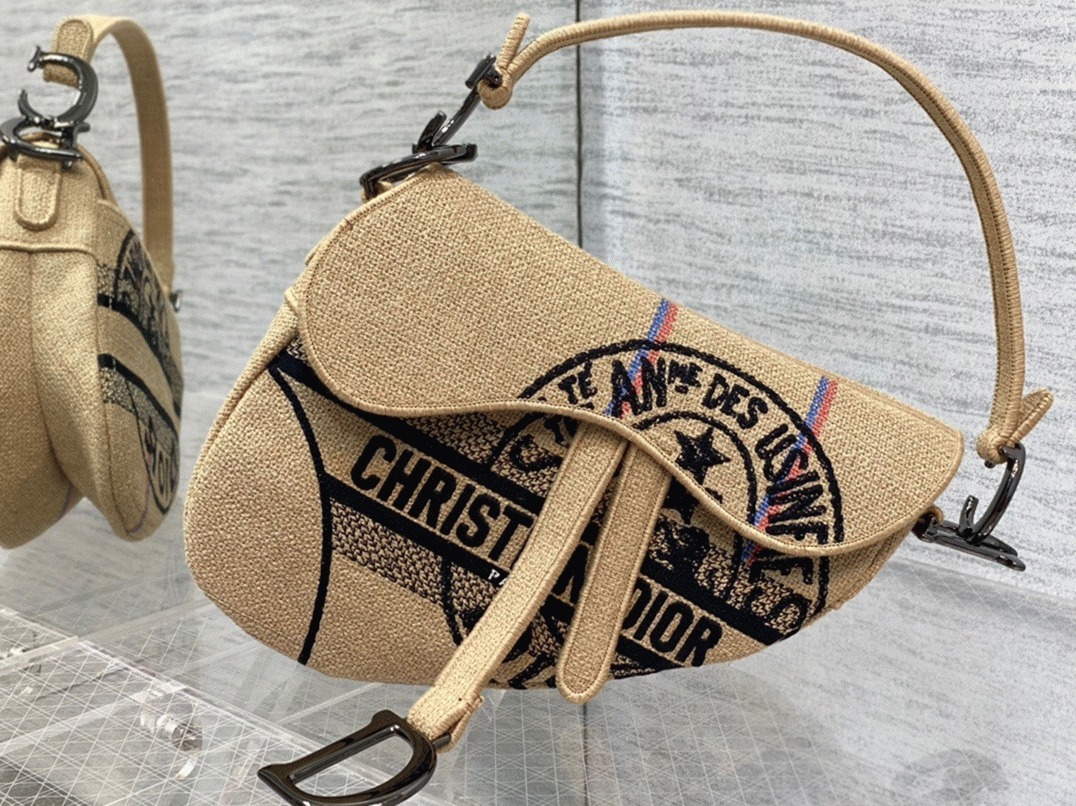 Dior Saddle Bag Knockoff in Beige Jute Canvas with Dior Union Motif angle 2