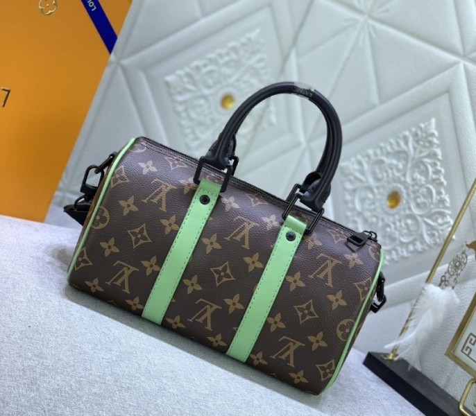 Louis Vuitton Monogram Macassar Canvas Keepall Bandouliere 25 In Minty Green angle 3