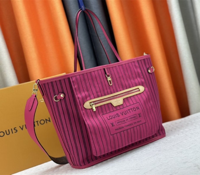 Louis Vuitton Neverfull Bandouliere Inside Out MM Tote In Monogram Canvas And Rose Pondichery Textile angle 2
