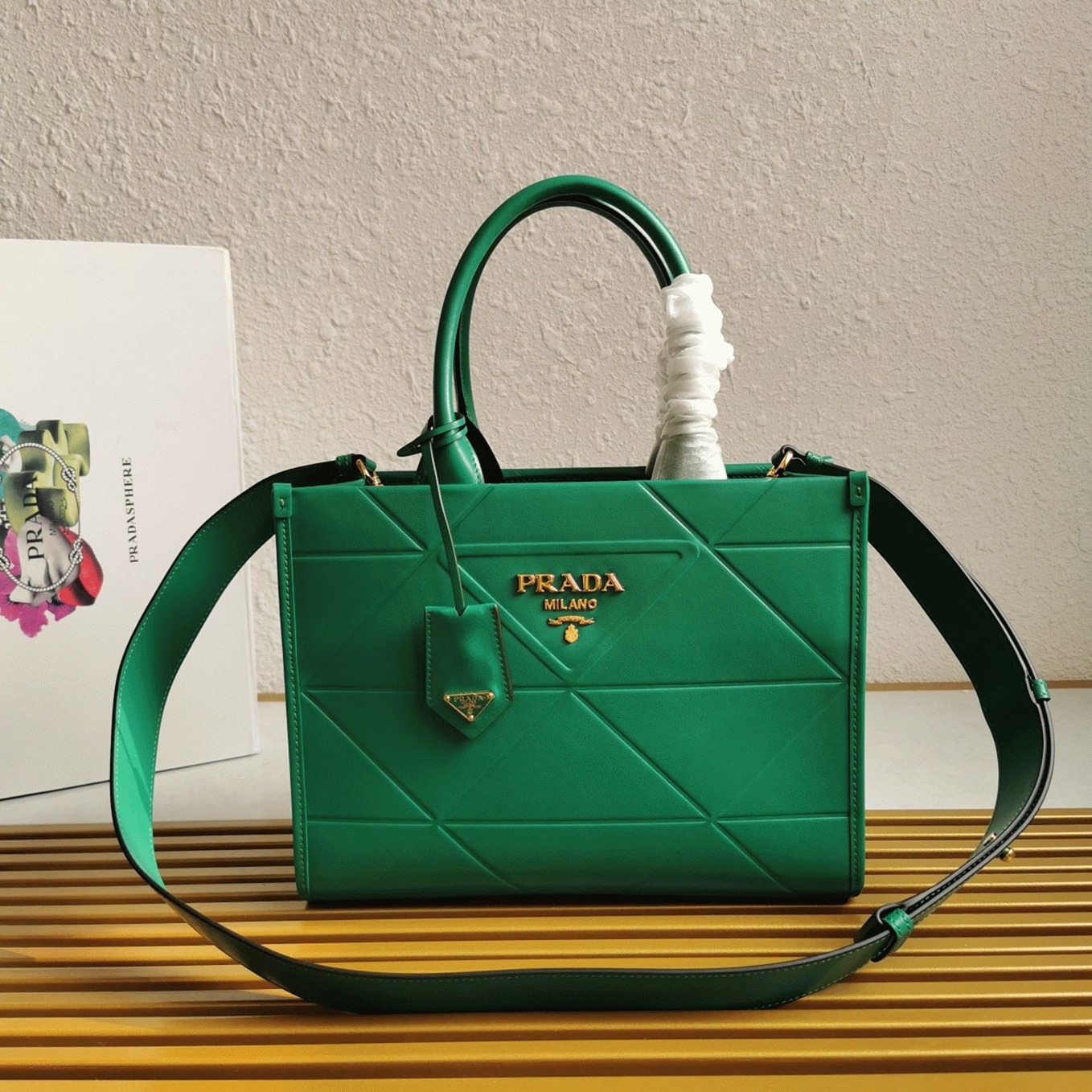 Prada Symbole Small Bag Knockoff with Topstitching in Green angle 3