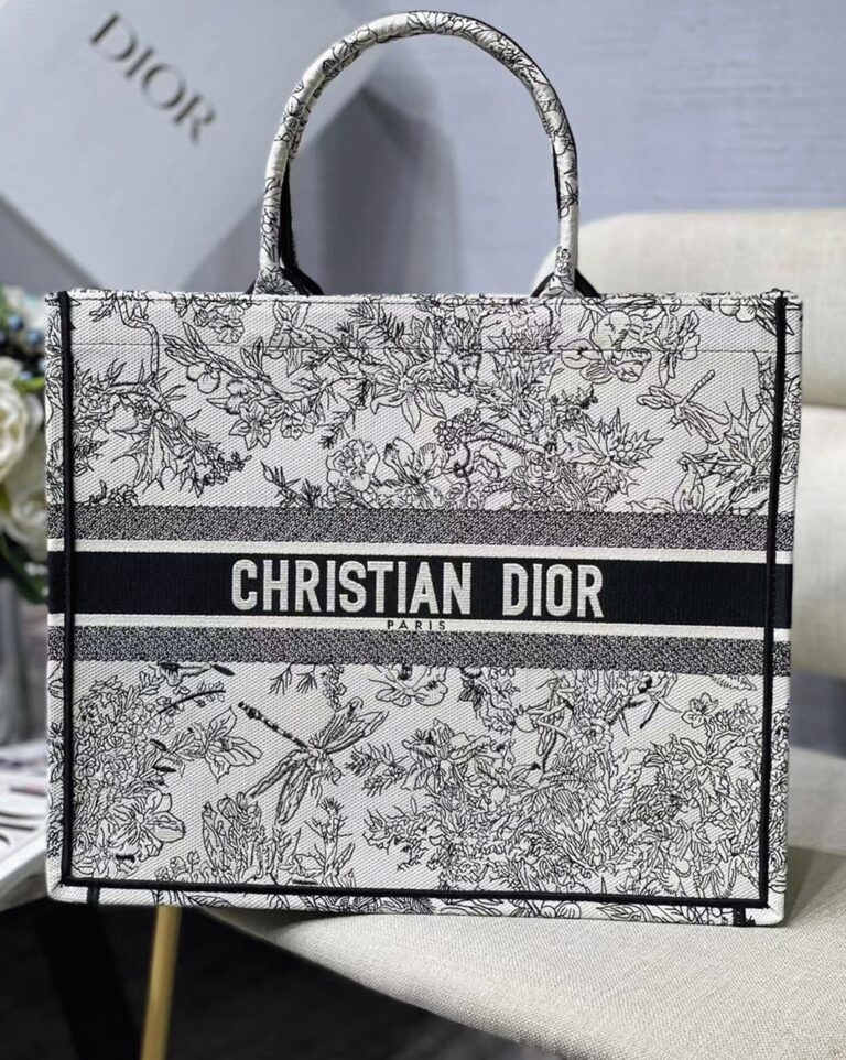 Dior Large Book Tote Bag Replica in Blue Toile de Jouy Flowers Embroidery