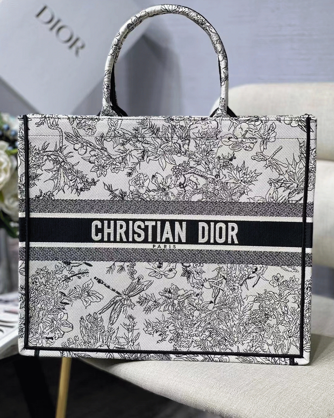 Dior Large Book Tote Bag Replica in Blue Toile de Jouy Flowers Embroidery