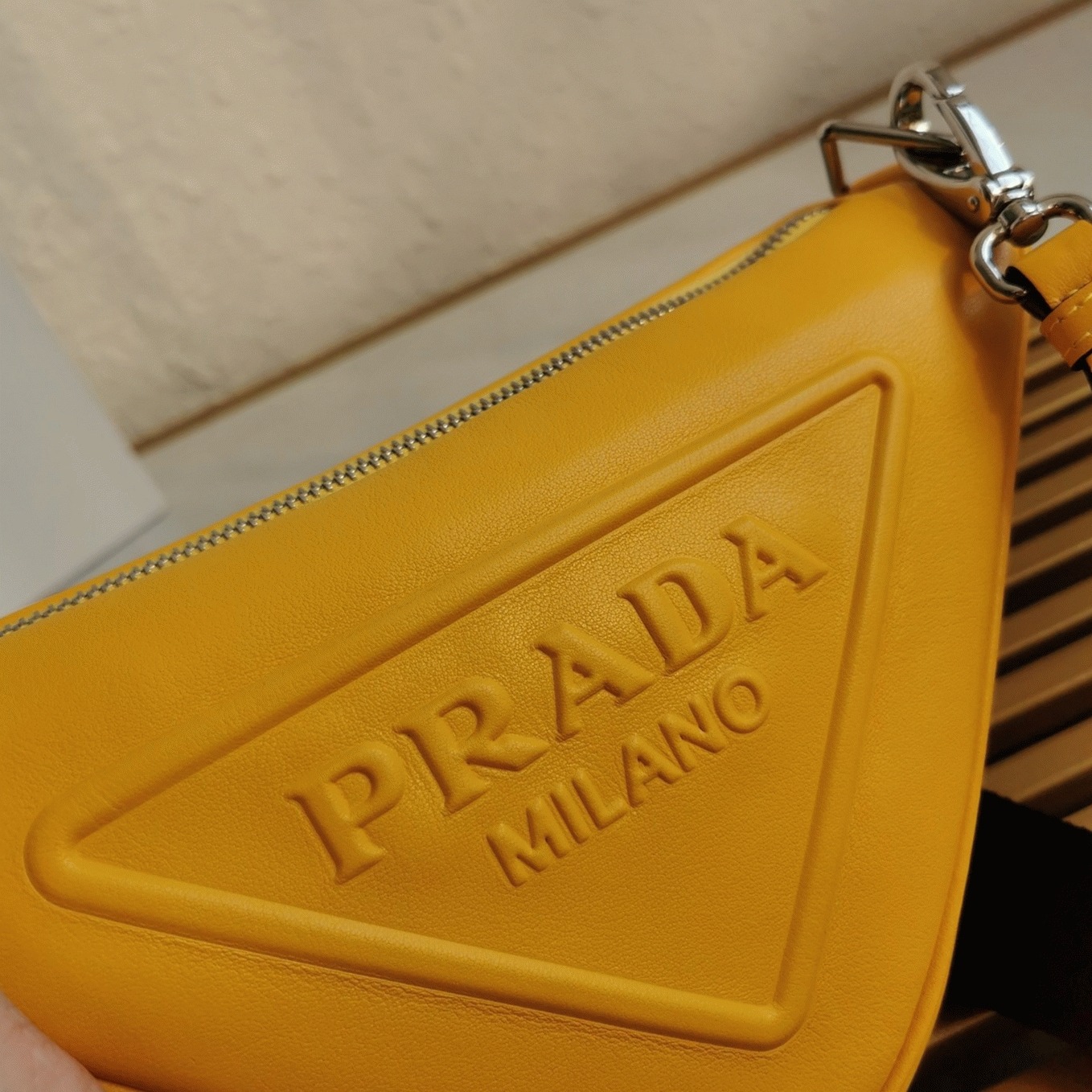 Prada Triangle Shoulder Bag Replica in Yellow angle 4
