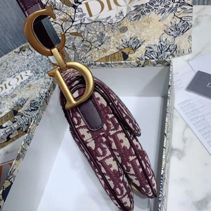 Dior Saddle Bag Faux in Burgundy Dior Oblique Jacquard angle 3