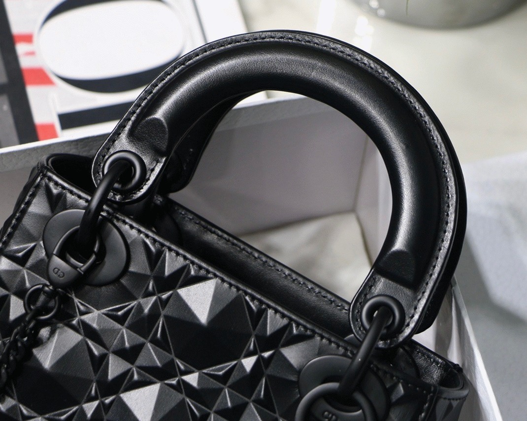 Dior Lady Dior Mini Bag in Black Calfskin with Diamond Motif angle 4