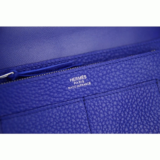 Electric blue designer replica Hermes Dogon combine wallet angle 4