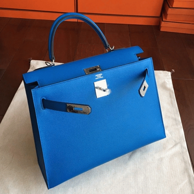 Blue Epsom Fake Hermes Kelly 32cm Sellier Fashion Handbag angle 5