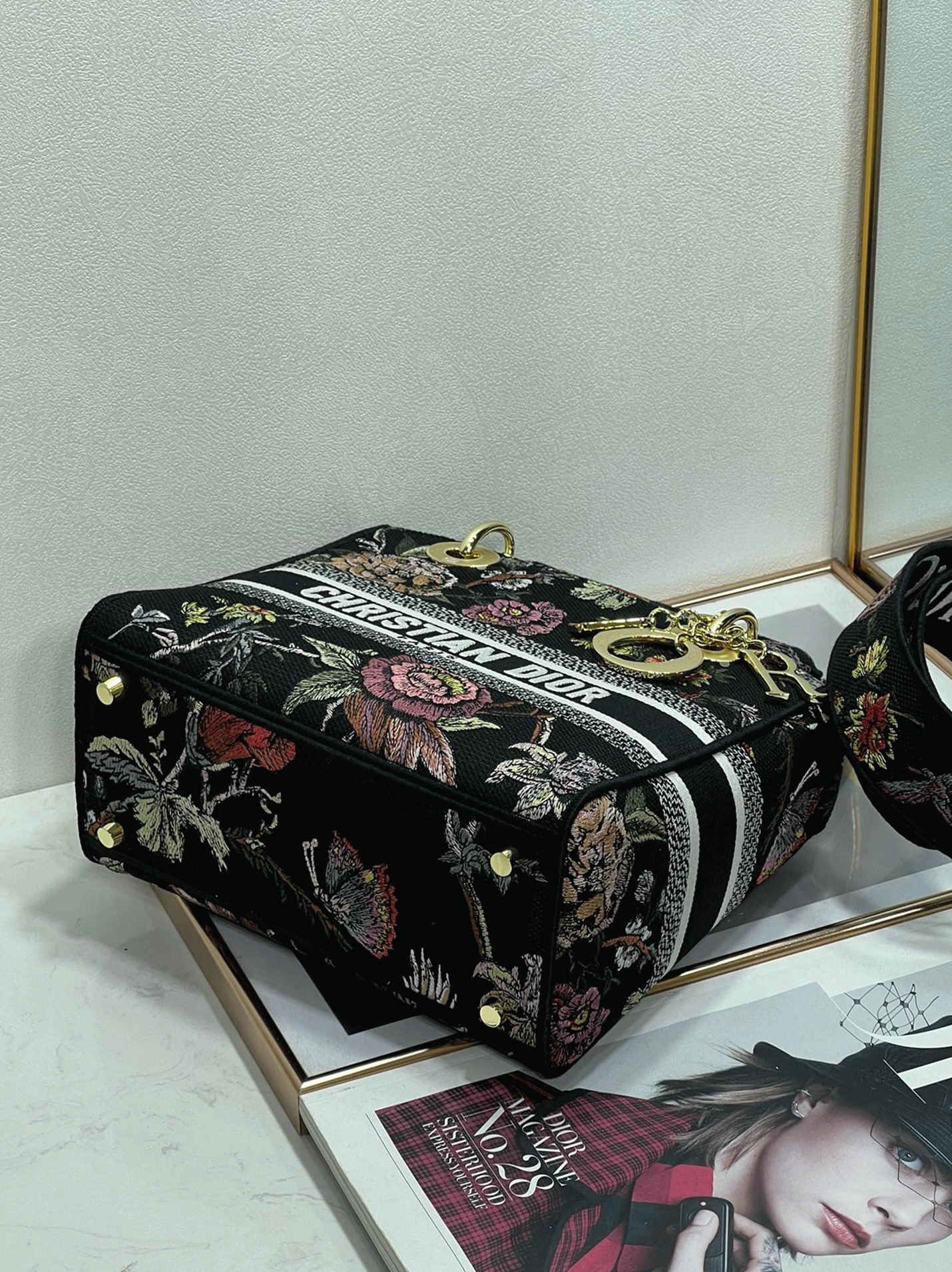 Dior Lady D-Lite Medium Bag Replica in Black Jardin Botanique Embroidery angle 5