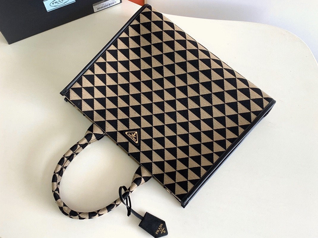 Prada Symbole Large Bag Knockoff in Black/Beige Jacquard Fabric angle 3