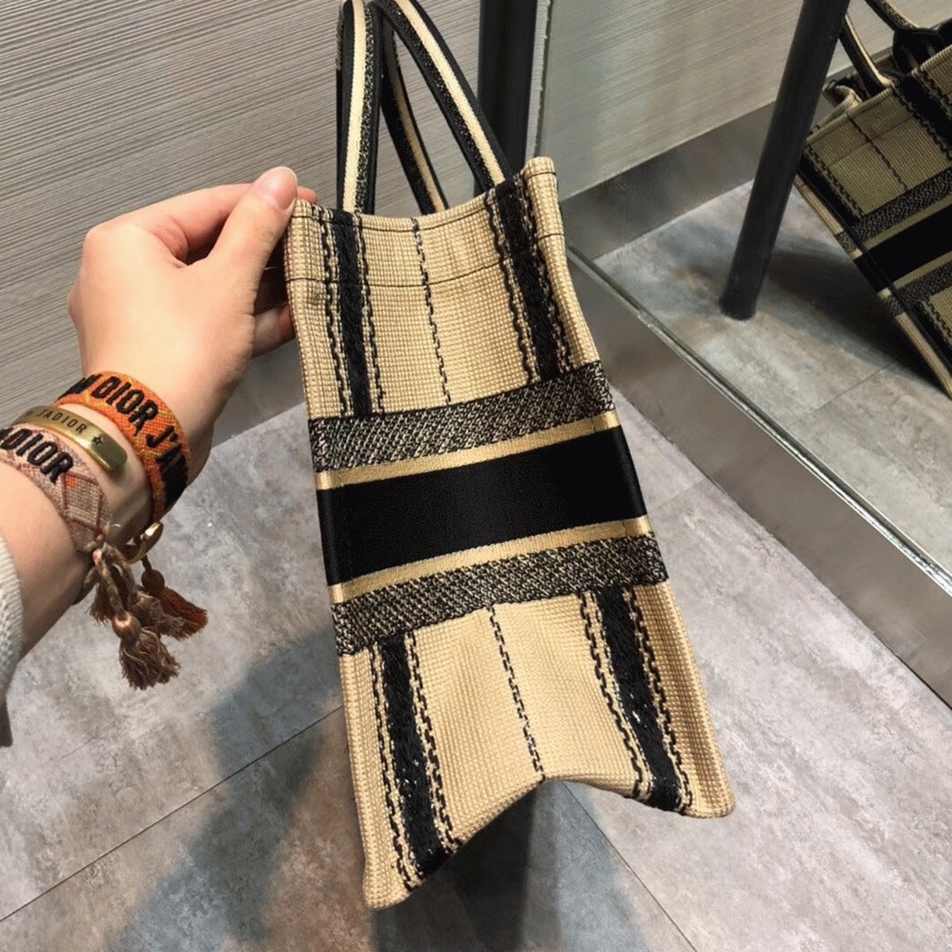 Dior Medium Book Tote Bag Fake in Black and Beige Bayadère Embroidered angle 4