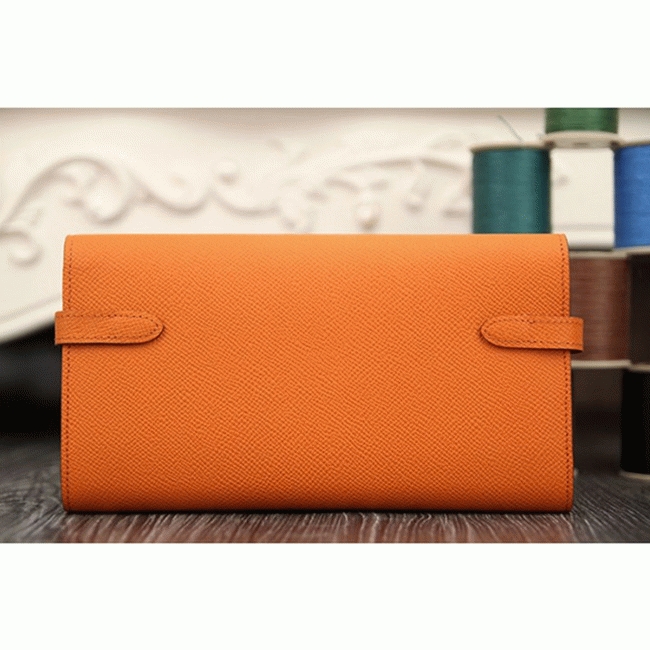 Orange cheap replica Hermes Kelly Longue wallet angle 3